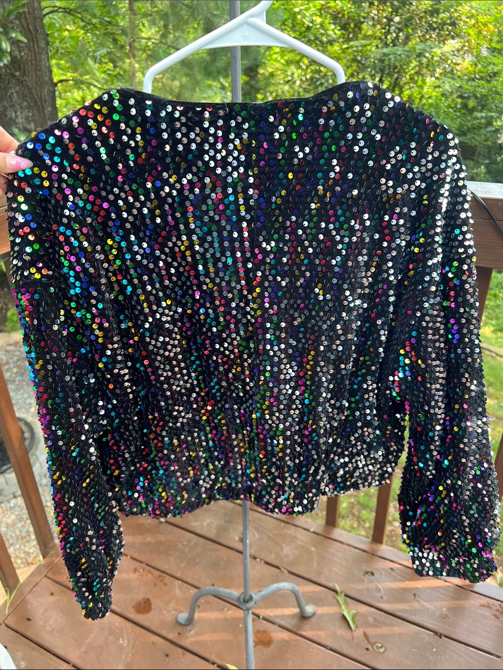 12th Tribe Black Sequin Bomber Jacket with Multicolor Iridescent Accents - Picture 8 of 9